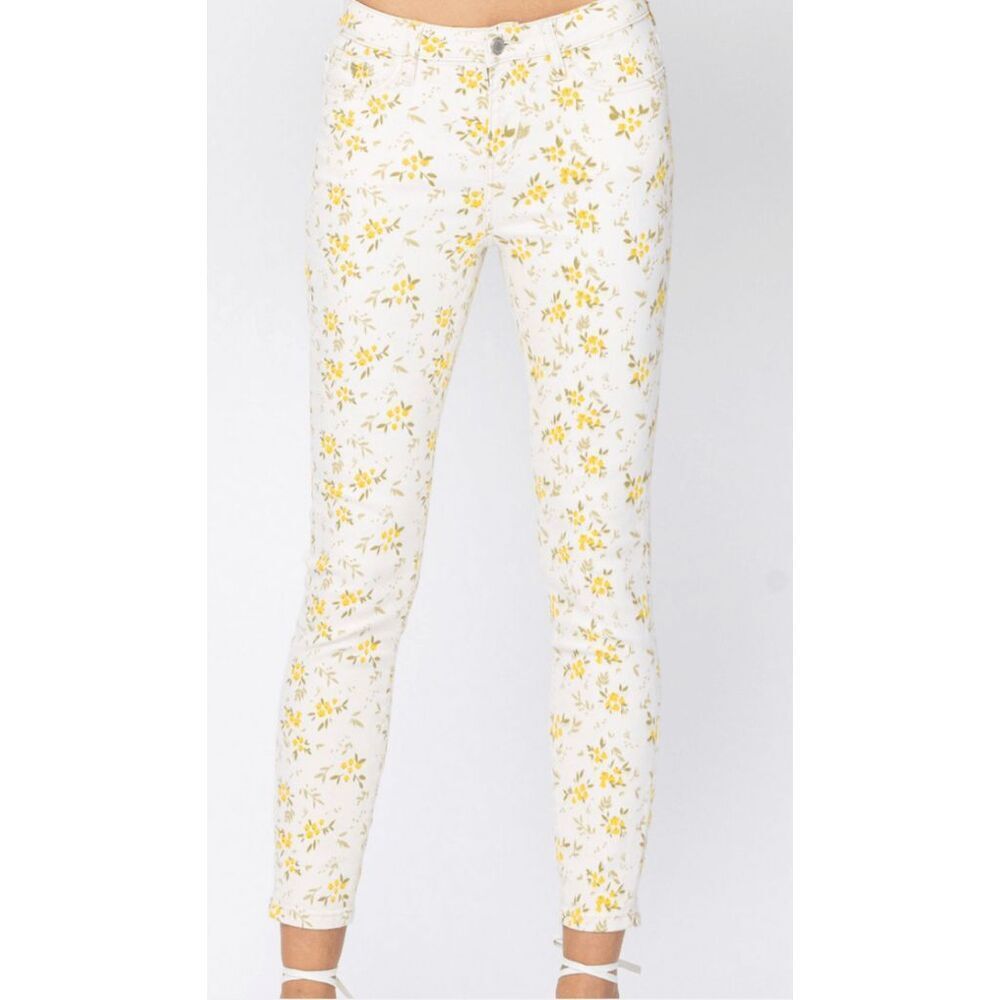 Judy Blue NWT Floral Skinny Jeans Mid Rise White Yellow JB8809 Size 15(32) - Picture 3 of 5